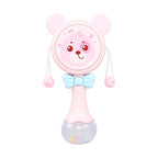 Pink baby rattle toy shaped like a bear with a blue bow tie and textured handle