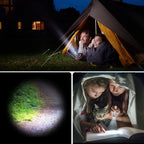 People using LED flashlights for camping, reading a book, and illuminating a path at night