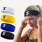 Woman wearing black sweatband listening to music with white, yellow, blue, and black sweatbands displayed