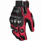 Red and black Madbike motorbike glove with protective knuckle armor and wrist strap