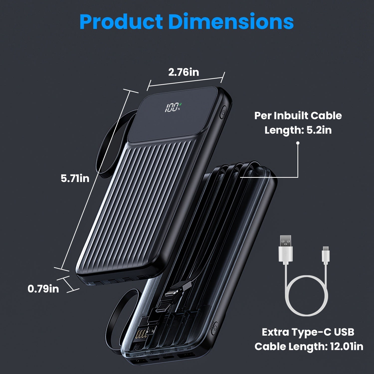 20,000 mAh PD22W Power Bank with In-built Cables