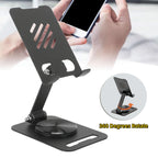 Adjustable black metal phone stand with 360-degree rotation feature for hands-free smartphone use
