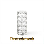Clear faceted glass cylinder with diamond-like pattern and text 'Three-color touch'