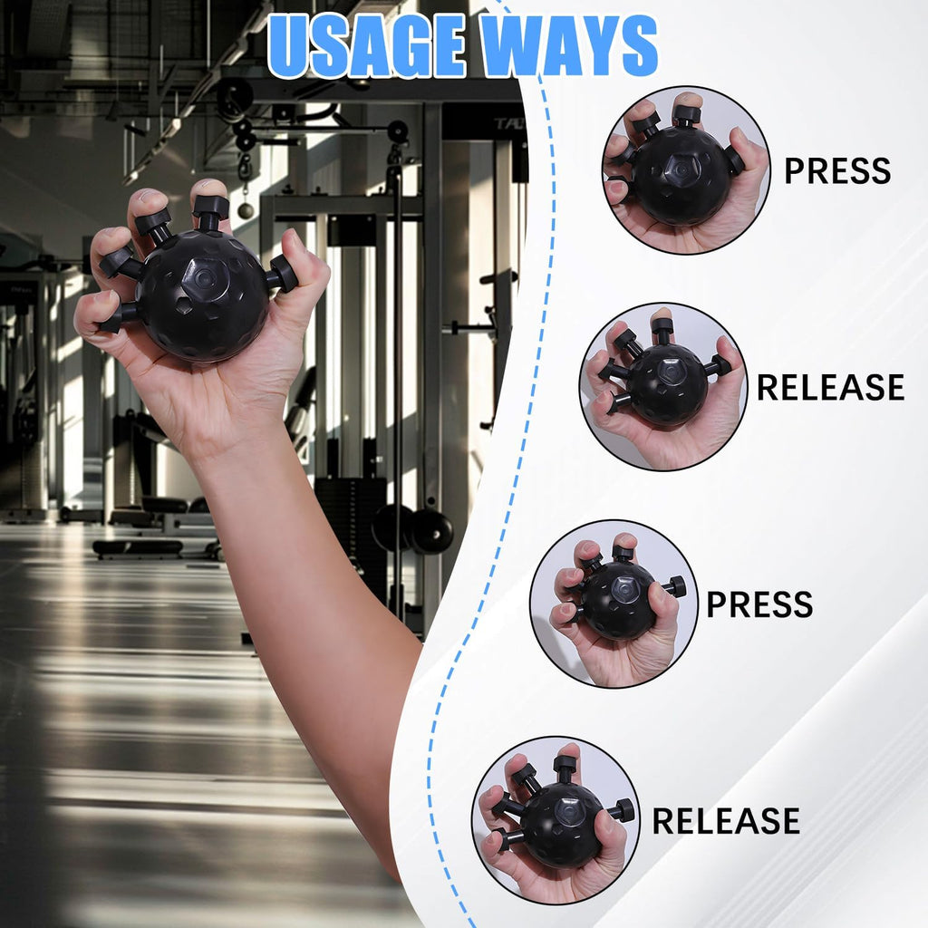Hand holding black stress ball with multiple buttons, gym background, instructions to press and release buttons