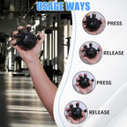 Hand holding black stress ball with multiple buttons, gym background, instructions to press and release buttons