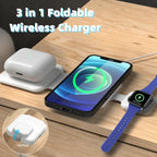 3 in 1 foldable wireless charger charging AirPods, smartphone, and smartwatch on wooden table