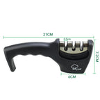 Black Myvit three-stage kitchen knife sharpener with ergonomic handle and dimensions shown