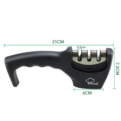 Black Myvit three-stage kitchen knife sharpener with ergonomic handle and dimensions shown