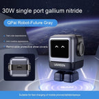 UGREEN 30W single port gallium nitride charger in futuristic robot design with digital face and USB-C