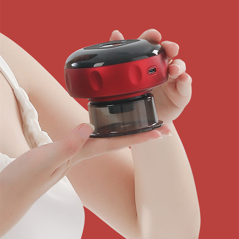 Person holding red and black portable electric lint remover with transparent container against red background