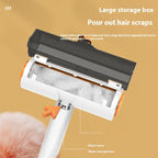 Pet hair remover tool with large open storage box for easy disposal of hair scraps