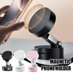 Black magnetic phone holder with adjustable arm and on/off switch, shown holding a smartphone, also available in white and pink