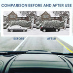 Comparison before and after use showing a snow-covered car cleared of snow and a view through a clean windshield on a road