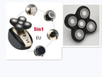 5-in-1 electric shaver kit with four rotating heads, trimmer, brush, and nose hair cutter attachments