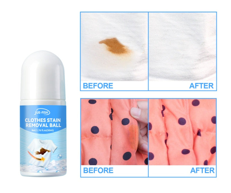 Jue-Fish clothes stain removal ball with before and after images of cleaned fabric stains