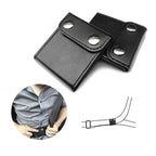 Black leather seat belt adjuster with snap buttons for comfortable car travel