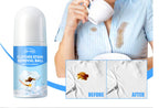 JUE-FISH clothes stain removal ball with before and after images of a stained and clean white shirt and a woman with coffee stains on her blue striped shirt