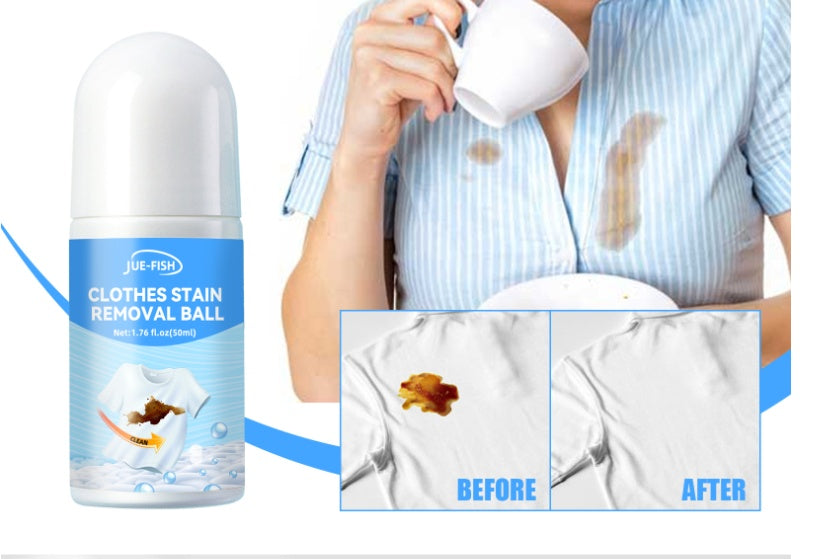 JUE-FISH clothes stain removal ball with before and after images of a stained and clean white shirt and a woman with coffee stains on her blue striped shirt