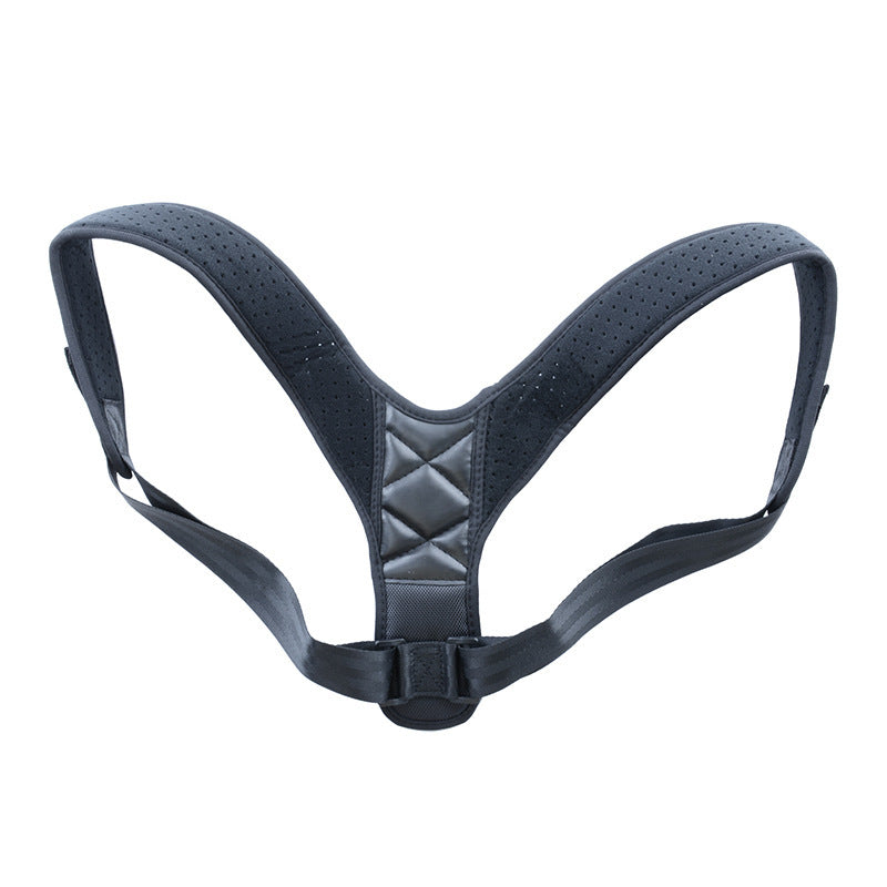 Adjustable black posture corrector brace with padded straps and breathable material