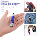 Mini portable keychain flashlight in hand, shown clipped to backpack, jeans pocket, and keys for easy carrying