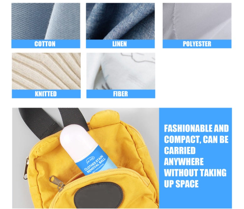 Clothes stain removal ball in yellow backpack, fabric types cotton linen polyester knitted fiber