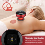 Massage device with 20-minute timer on a woman's back showing red light therapy and relaxation