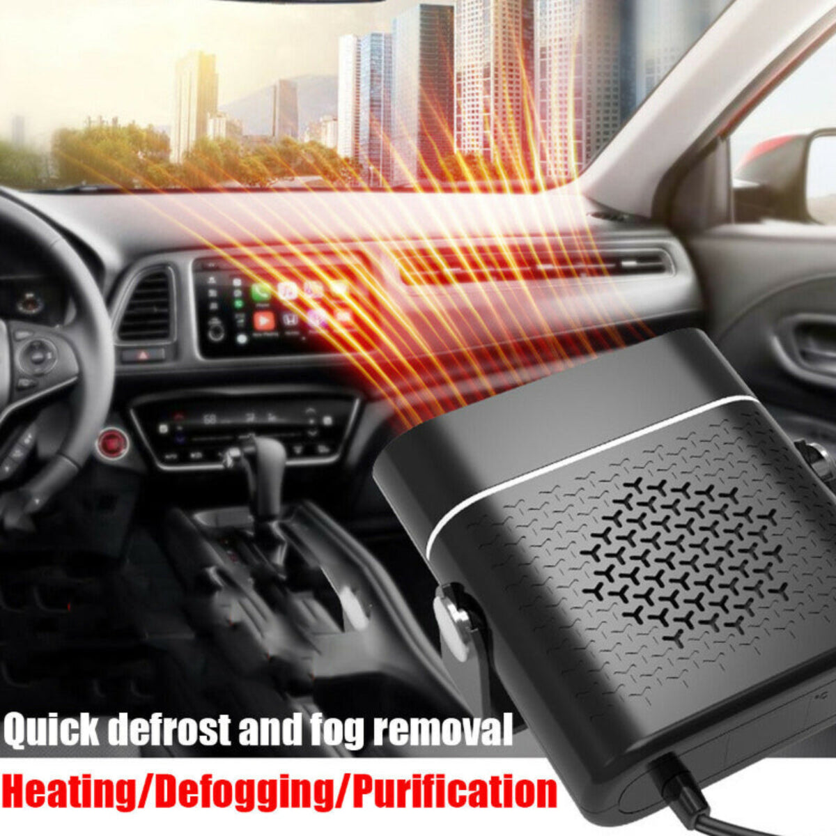 Car interior showing a portable heater device steaming for quick defrost and fog removal