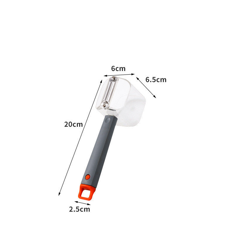 Kitchen vegetable peeler with protective cover and ergonomic handle, dimensions labeled