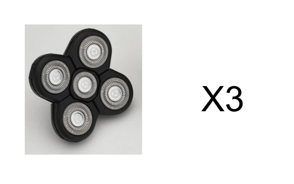 Black electric shaver heads with circular blades arranged in a cluster, shown with 'X3' text