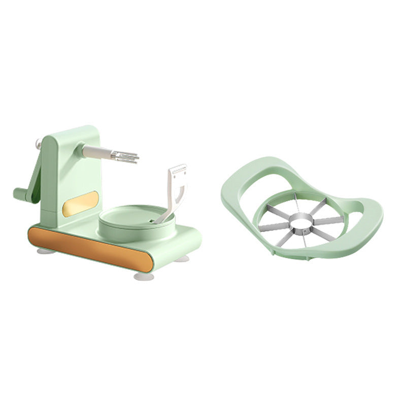 mint green manual vegetable spiralizer and stainless steel apple slicer on white background