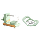 mint green manual vegetable spiralizer and stainless steel apple slicer on white background
