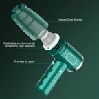 Green handheld vacuum cleaner with detachable transparent dust bucket and washable filter element