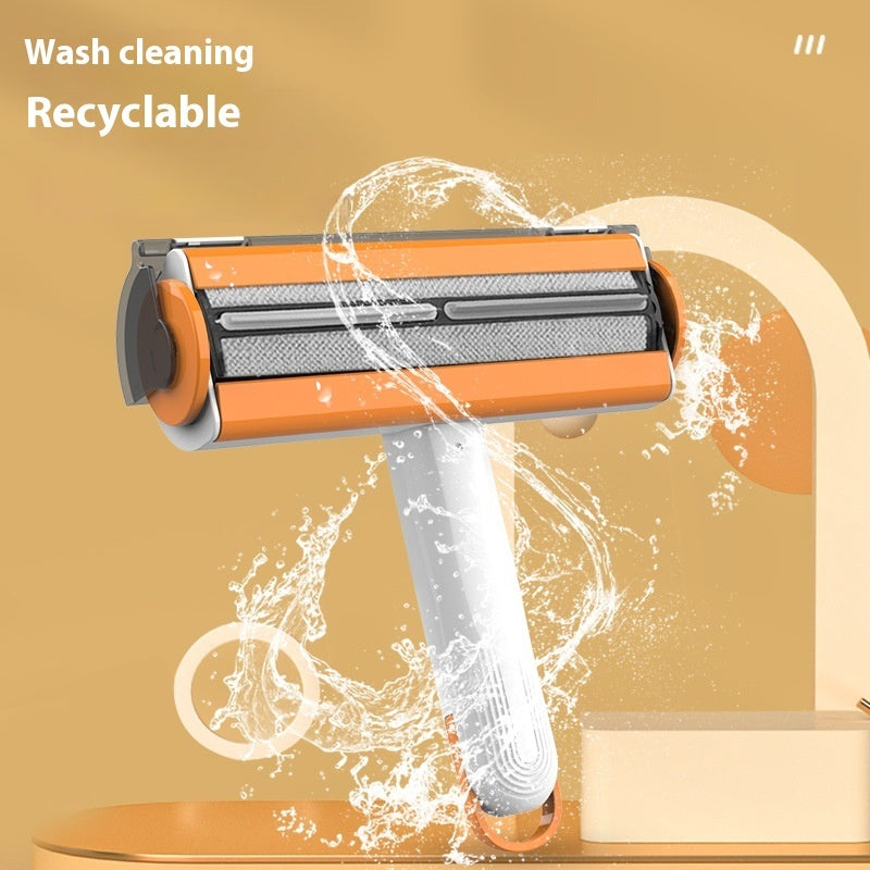 Reusable orange and white razor with water splash, highlighting wash cleaning and recyclable features