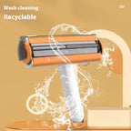 Reusable orange and white razor with water splash, highlighting wash cleaning and recyclable features