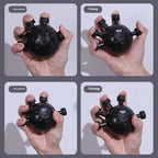 Hands holding black spherical hand grip strengthener with adjustable resistance knobs in four variations
