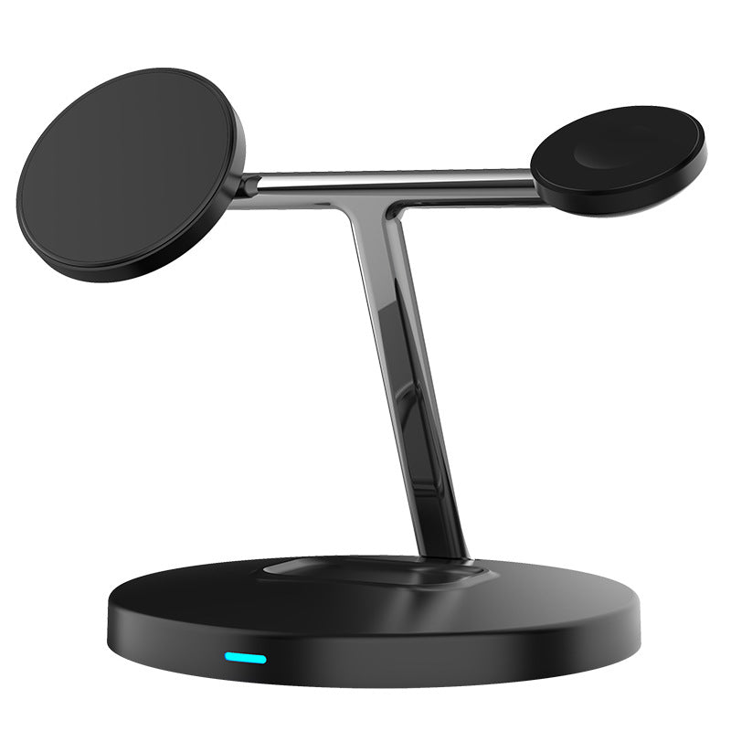 Modern black dual wireless charging stand with circular pads and LED indicator on round base