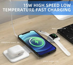 15W high speed low temperature wireless charging station powering smartphone, smartwatch, and wireless earbuds on a wooden desk