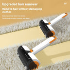 Upgraded white and orange hair remover cleaning hair debris from beige fabric surface