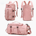 Pink versatile duffel bag and backpack with multiple compartments and adjustable straps