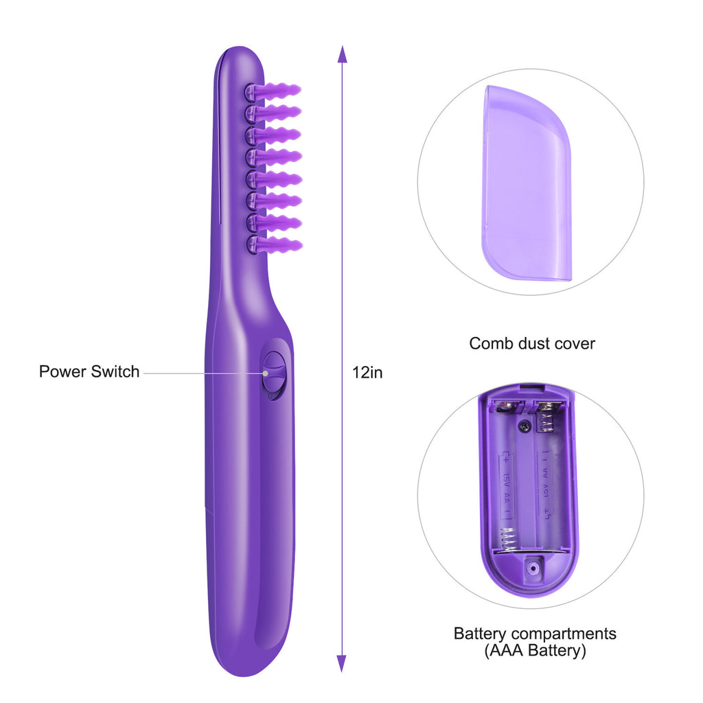 12-inch purple electric grooming comb with power switch, dust cover, and AAA battery compartments