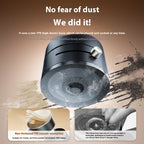 Black vacuum device with thickened TPE base for dust absorption, featuring a silver knob and dust particles