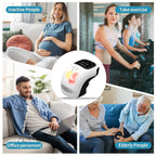 Knee massager device shown in center surrounded by images of inactive, exercising, office, and elderly people using or benefiting from it