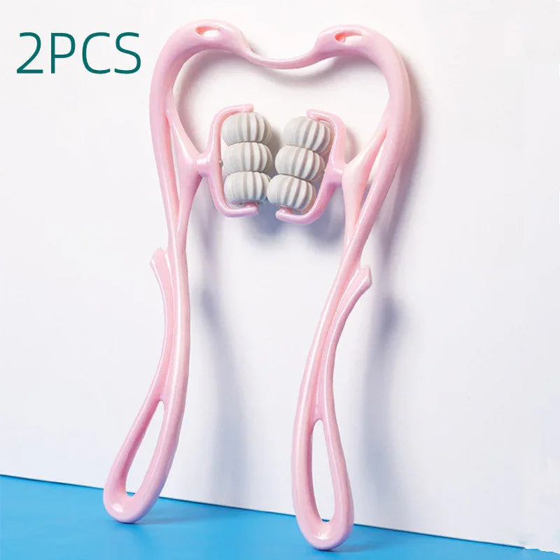 Two pink handheld muscle rollers with white textured massage beads against white and blue background