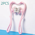 Two pink handheld muscle rollers with white textured massage beads against white and blue background