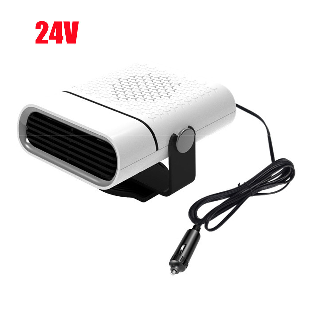 Compact white 24V car heater fan with black vent grill and cigarette lighter plug cable