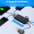 20000mAh black power bank charging multiple devices including smartphones and wireless earbuds