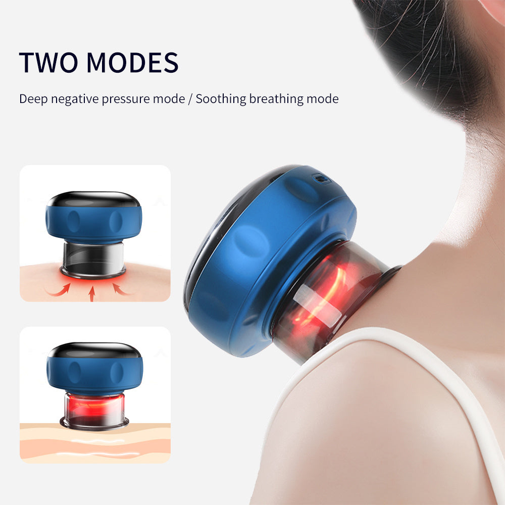 Portable blue and black cupping therapy device on shoulder showing two modes with red light heating