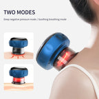 Portable blue and black cupping therapy device on shoulder showing two modes with red light heating