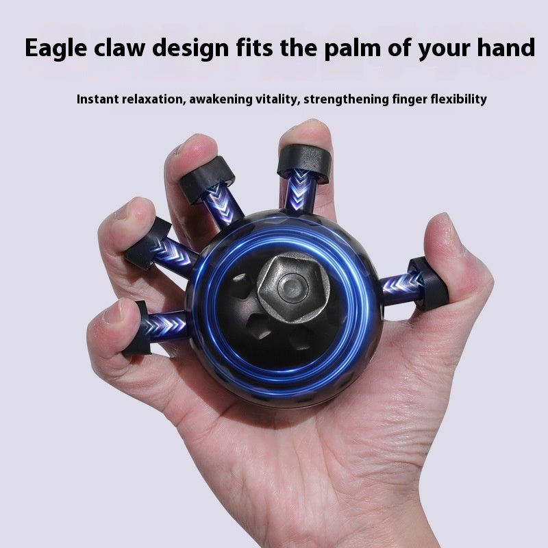 Hand gripping black and blue finger strengthener device with eagle claw design against light background