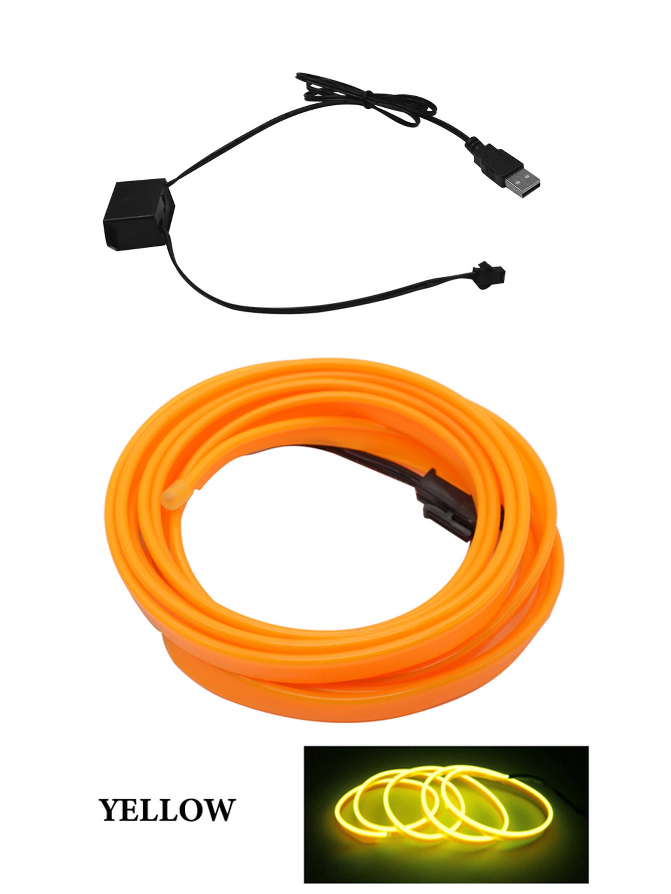 Yellow flexible LED neon light strip with USB power cable and controller